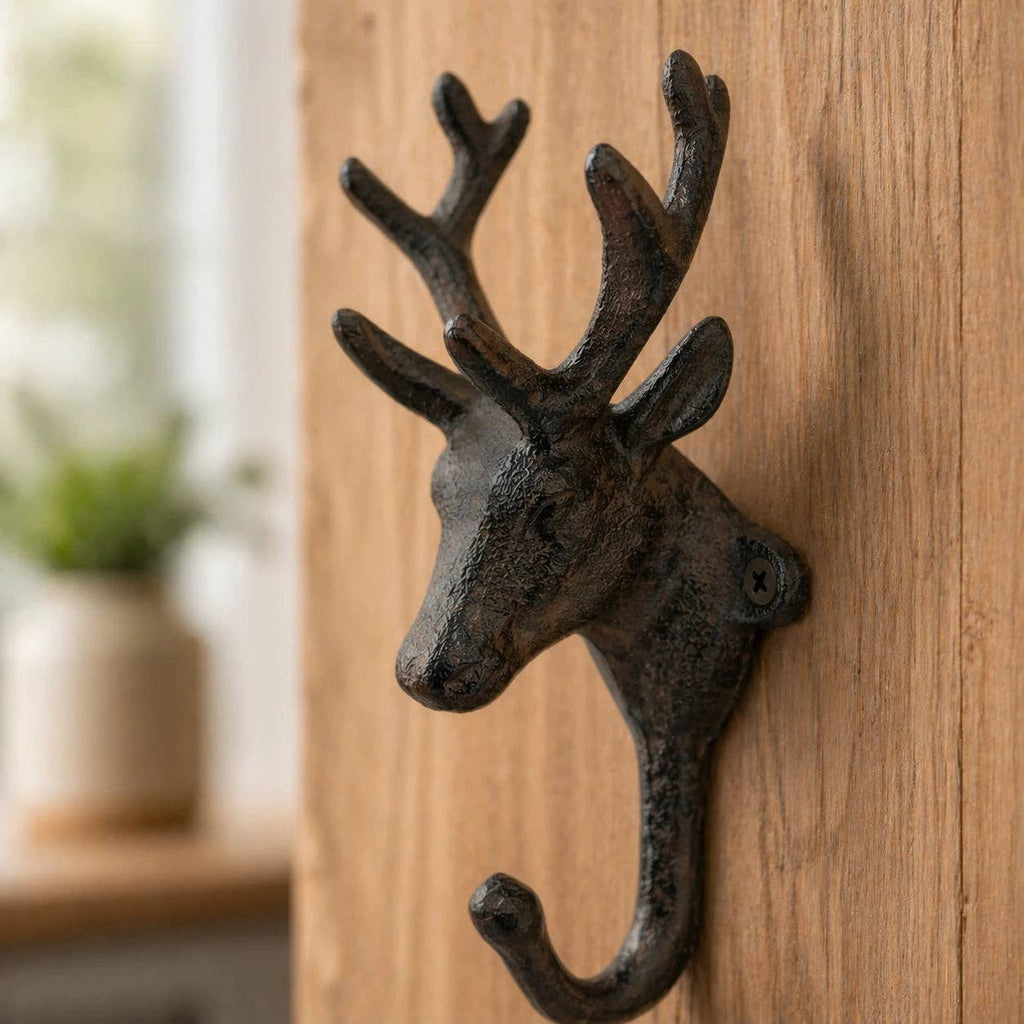 Cast Iron Deer Head Wall Hook – Rustic Lodge Coat, Hat & Key Hook, 6.4"