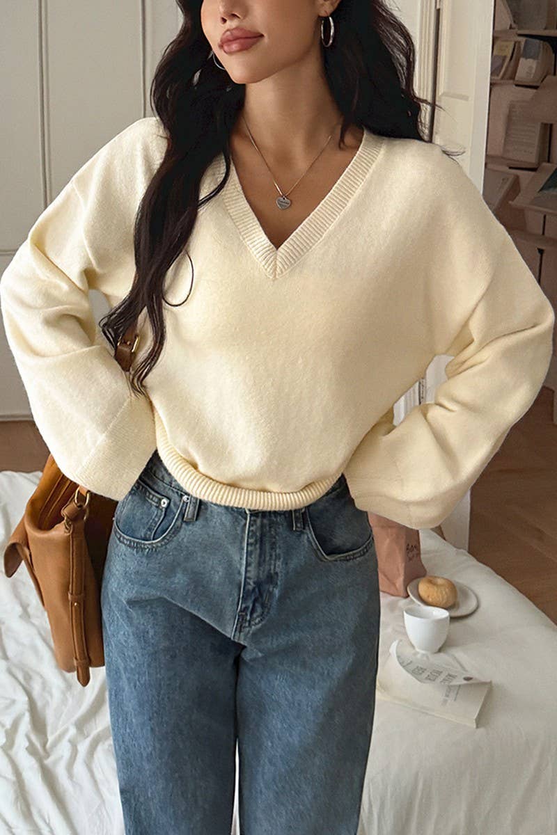 Women’s V-Neck Knit Sweater – Beige