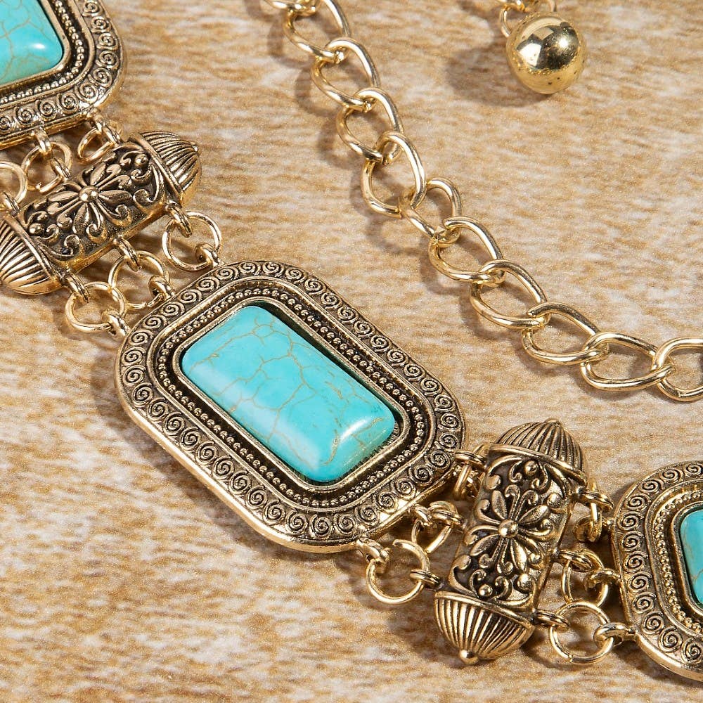 Rectangle Turquoise Stone Western Concho Chain Belt
