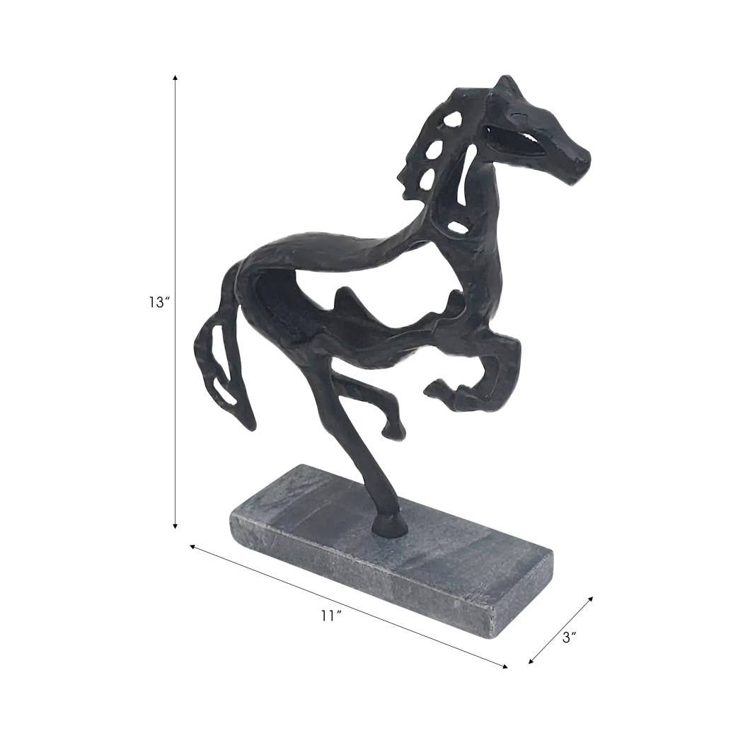 Black Galloping Horse Sculpture on Stone Base – 14"