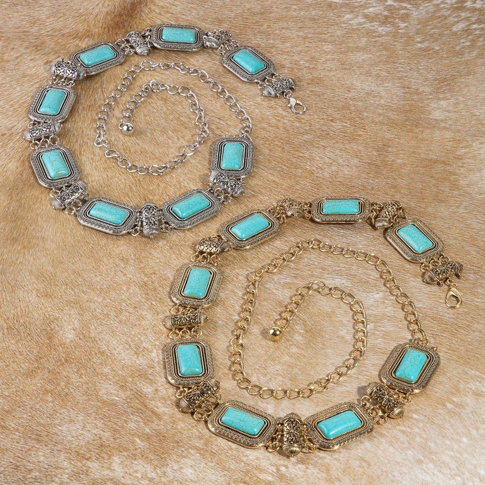 Rectangle Turquoise Stone Western Concho Chain Belt