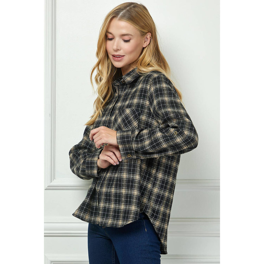 Black & Tan Plaid Roll-Sleeve Flannel Shirt