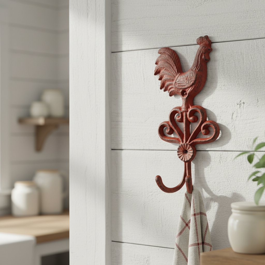 Cast Iron Rooster Wall Hook – Red Farmhouse Kitchen Hook for Towels, Keys & Décor, 9.6"
