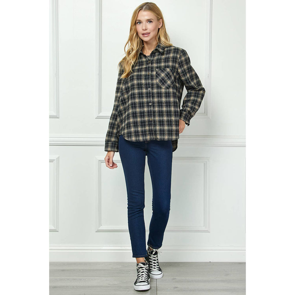Black & Tan Plaid Roll-Sleeve Flannel Shirt