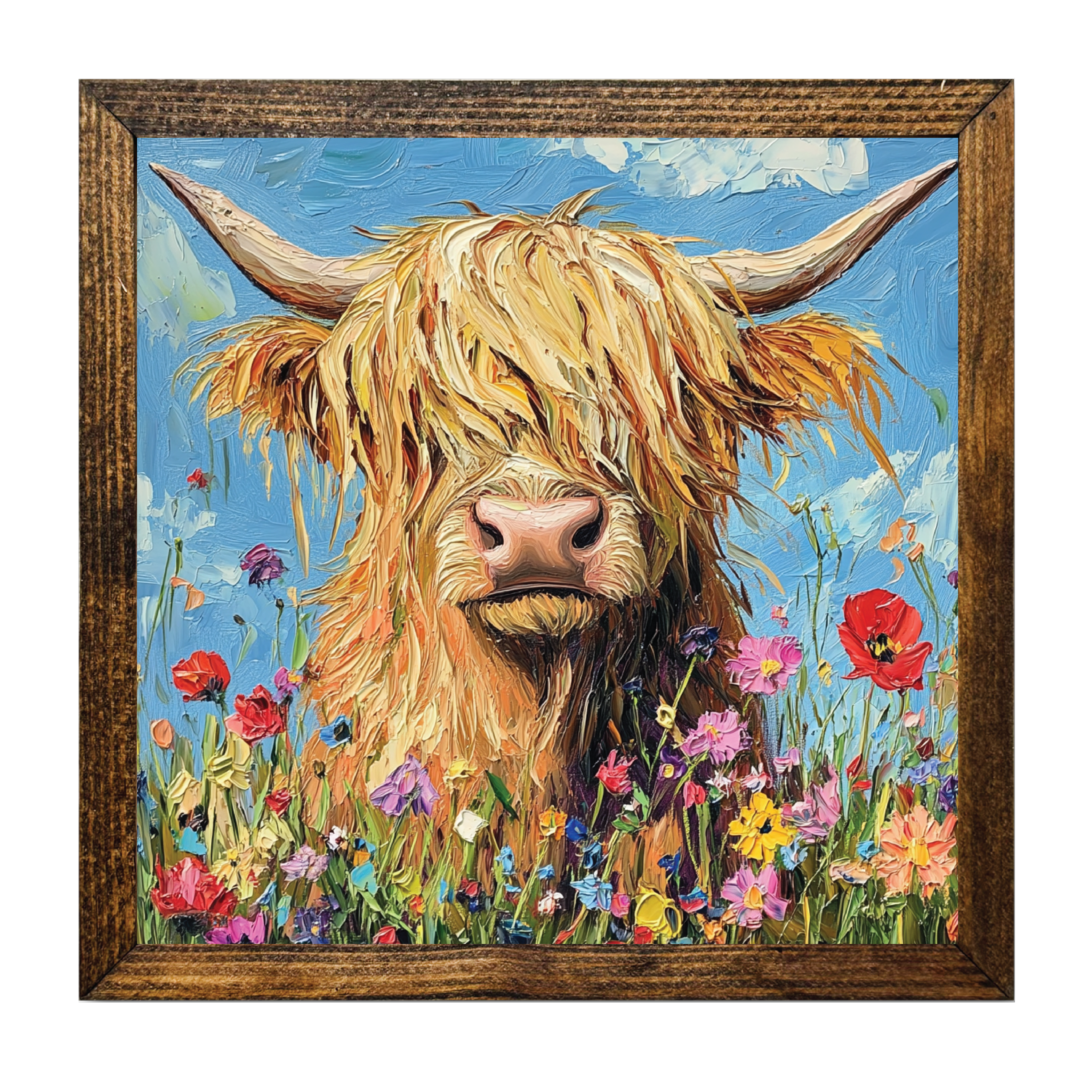 Highland Cow Palette Knife Wall Art – Rustic Framed Farmhouse Decor