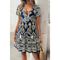 Women’s Printed V-Neck Ruffle Dress – Navy