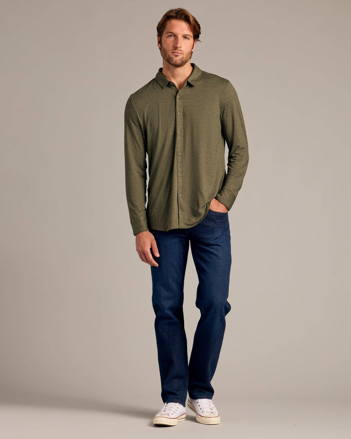 True Classic Dark Heather Military Green Long Sleeve Comfort Shirt