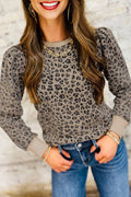 Women's Ribbed Trim Leopard Print Long Sleeve Top