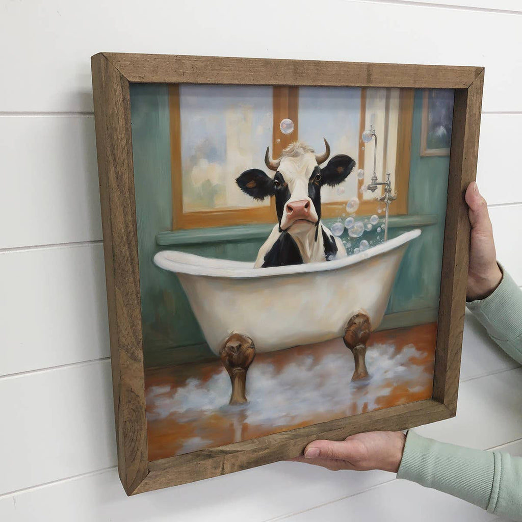 Cow in Bathtub Framed Canvas Wall Art – 6x6 Mini Farmhouse Animal Decor