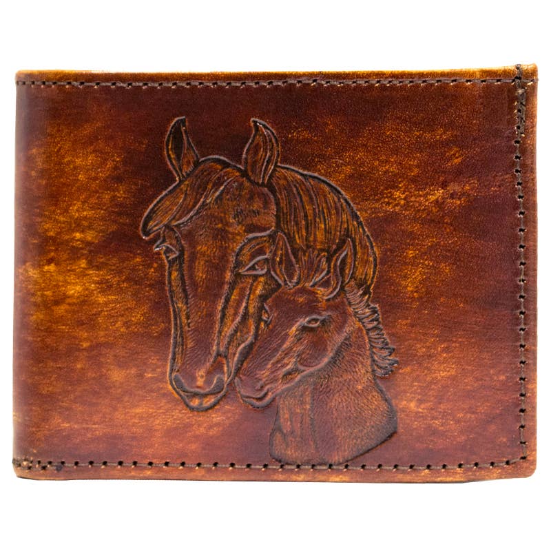 USA-Made Antiqued Leather Bifold Wallet with Horse Heads