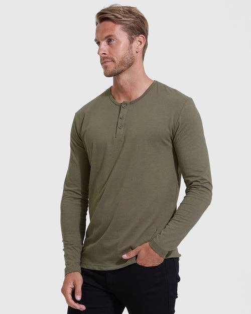 True Classic Long Sleeve Henley Shirt - Military Green