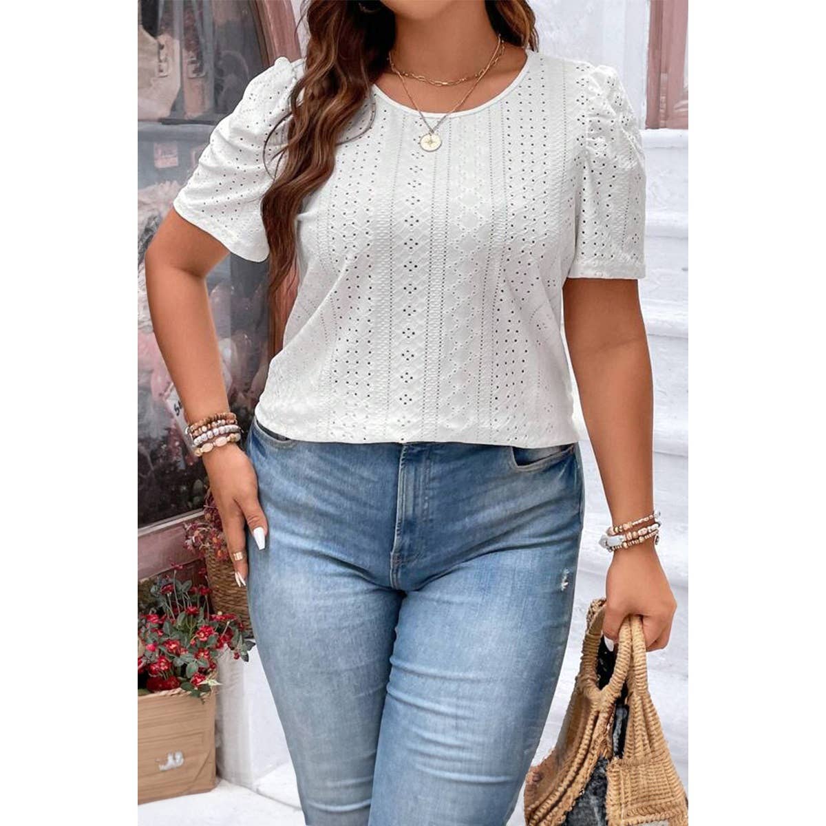 Plus Size Puff Sleeve Textured Top – White