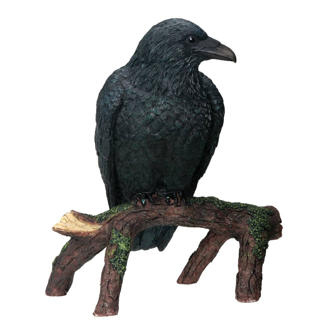 Midnight Raven on Rustic Branch – Black Bird Figurine & Woodland Décor