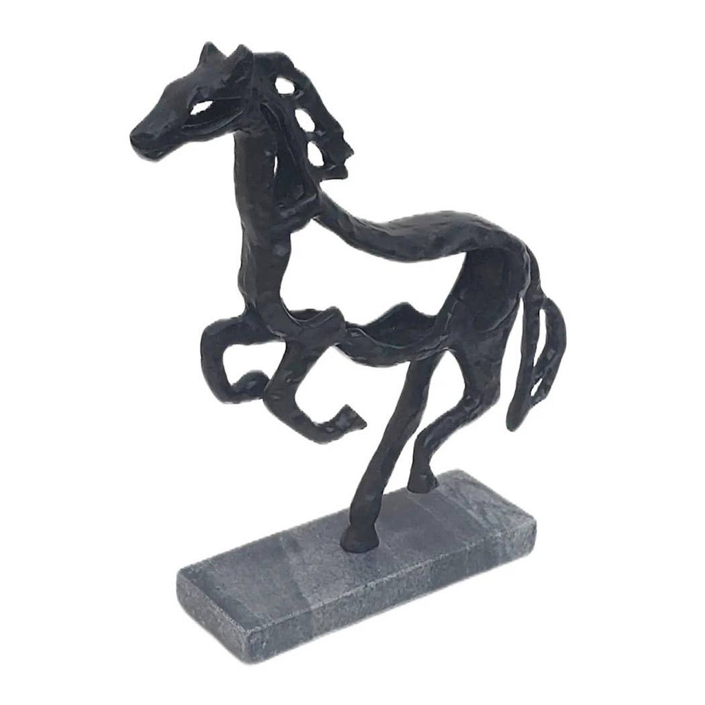 Black Galloping Horse Sculpture on Stone Base – 14"