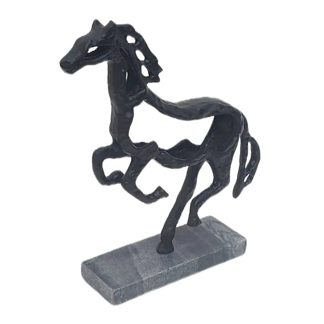 Black Galloping Horse Sculpture on Stone Base – 14"