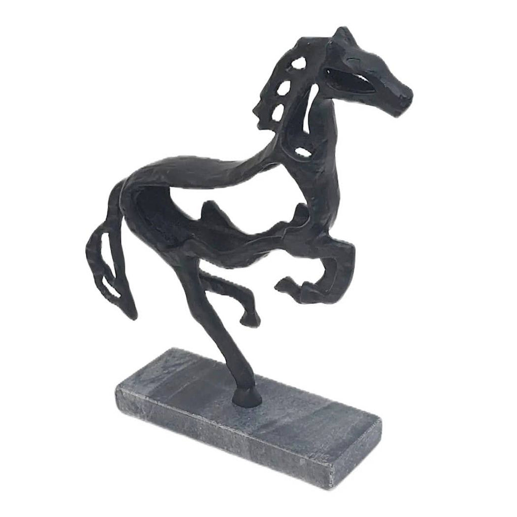 Black Galloping Horse Sculpture on Stone Base – 14"