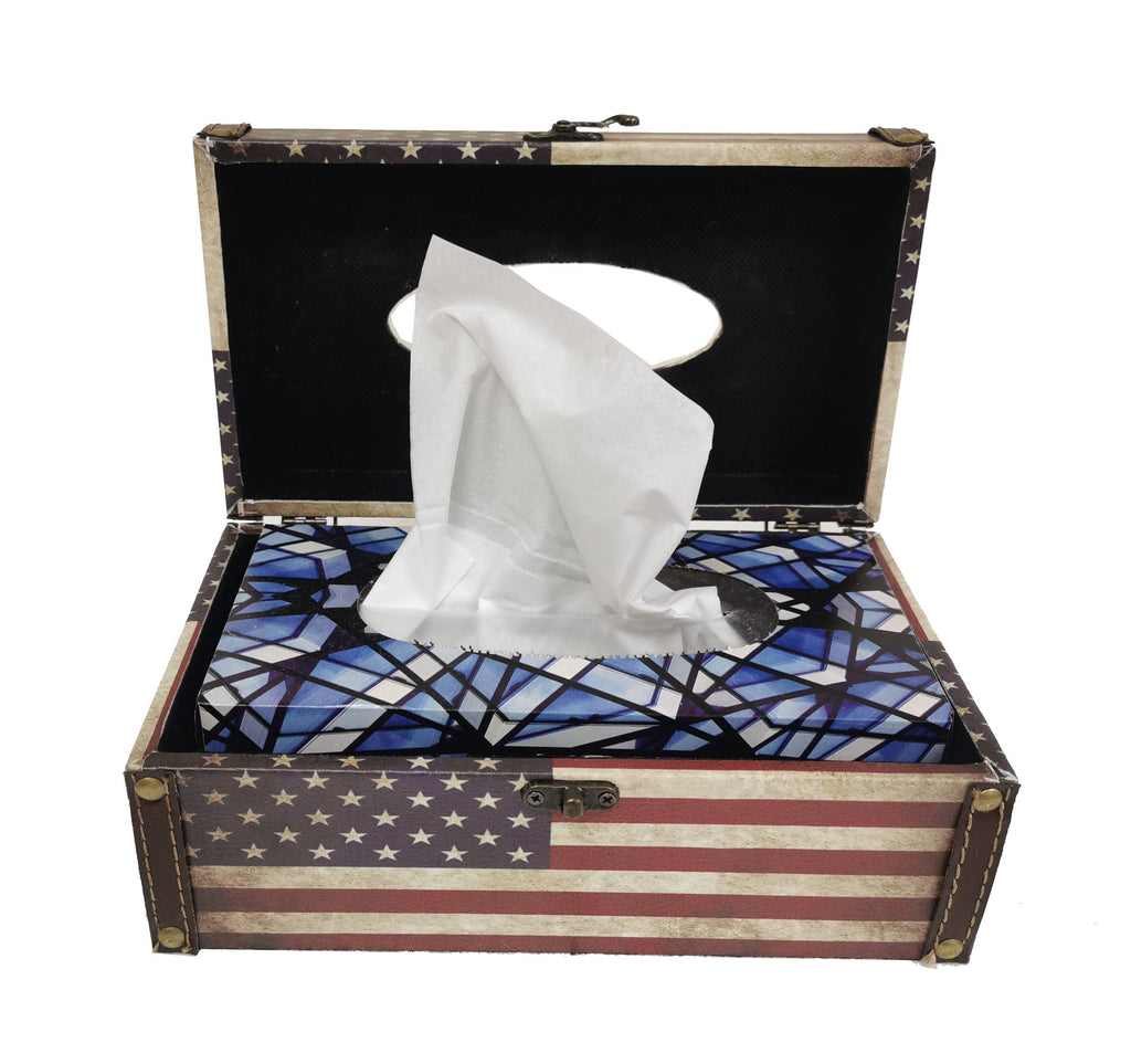 American Flag Wooden Tissue Box Cover – Rustic Patriotic Decorative Tissue Holder