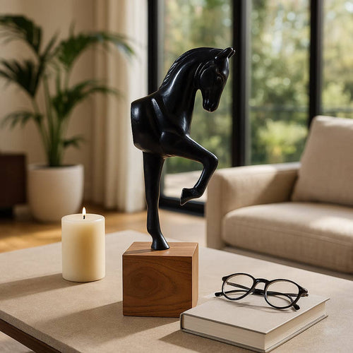 Black Metal Galloping Horse Sculpture on Wood Base – 12”