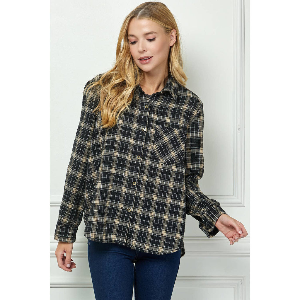 Black & Tan Plaid Roll-Sleeve Flannel Shirt