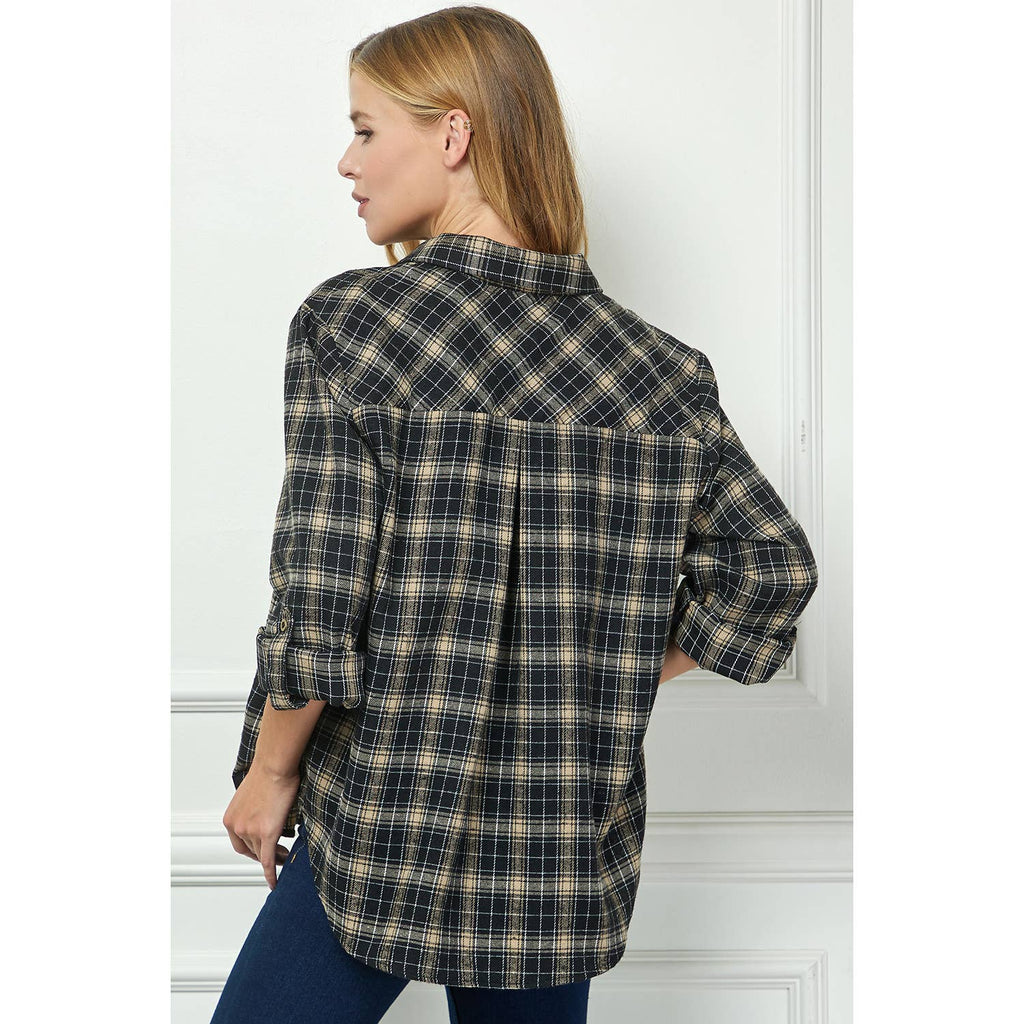 Black & Tan Plaid Roll-Sleeve Flannel Shirt
