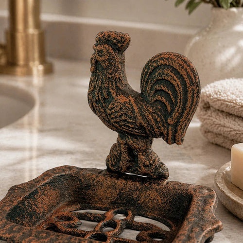 Cast Iron Rooster Soap Dish – Farmhouse Bathroom & Kitchen Counter Accent, 5.8"