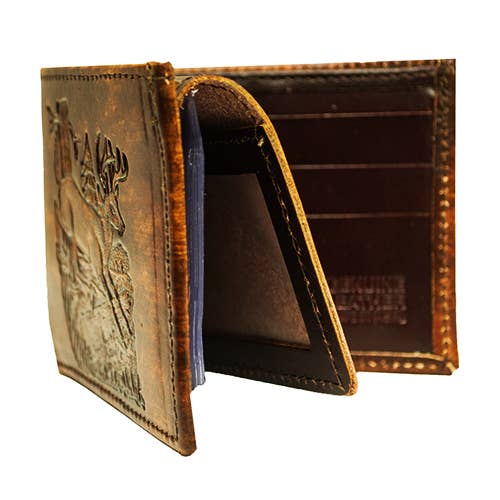 USA-Made Antiqued Leather Bifold Wallet with Running Deer