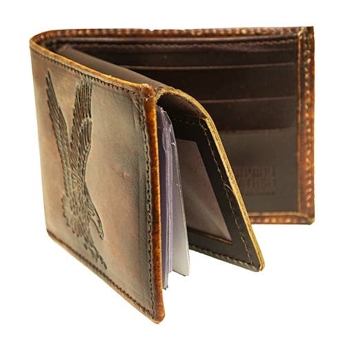 USA-Made Antiqued Leather Bifold Wallet with Eagle Emboss